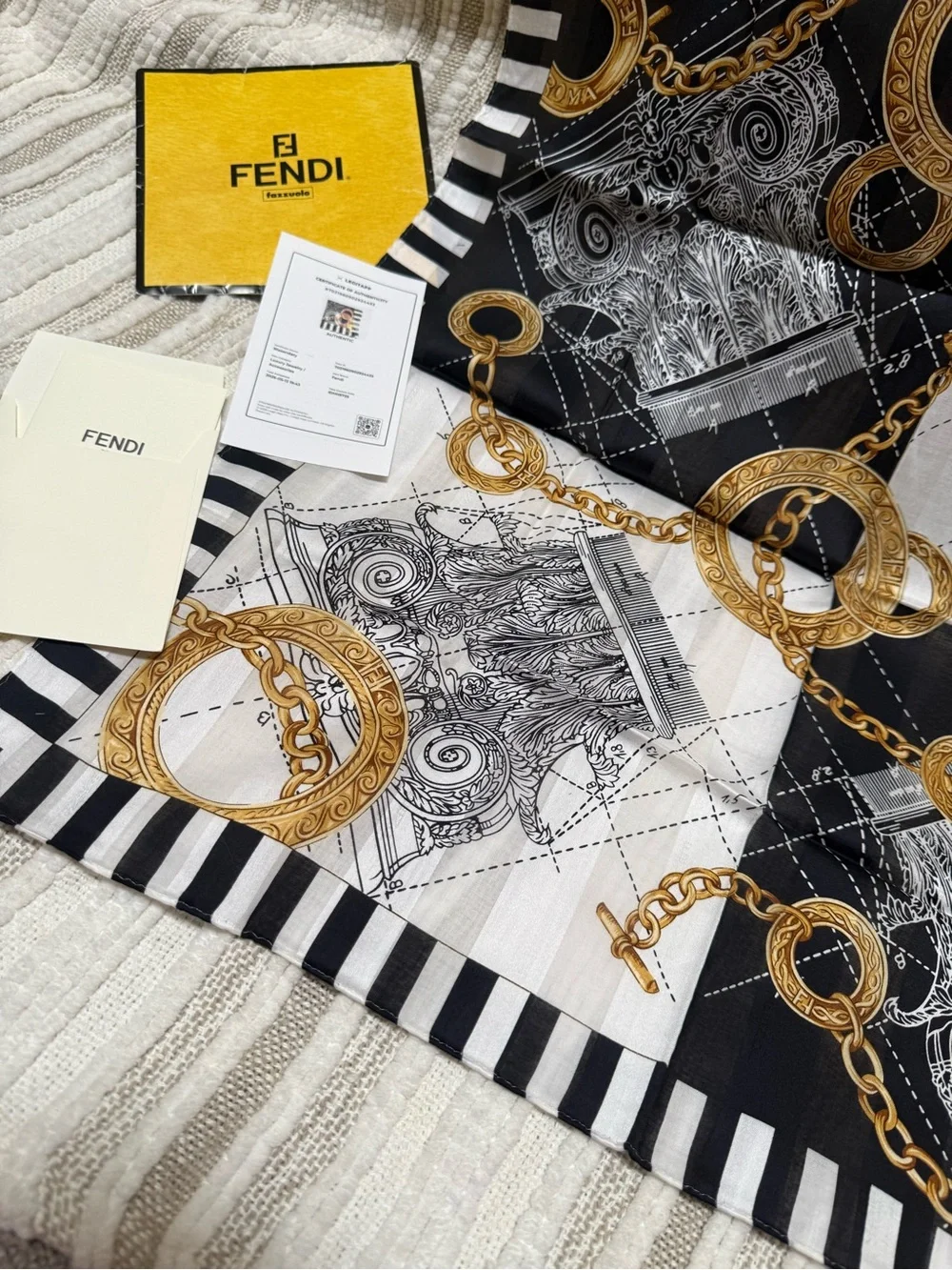 Fendi Black, White & Gold Chain-Print Silk Scarf